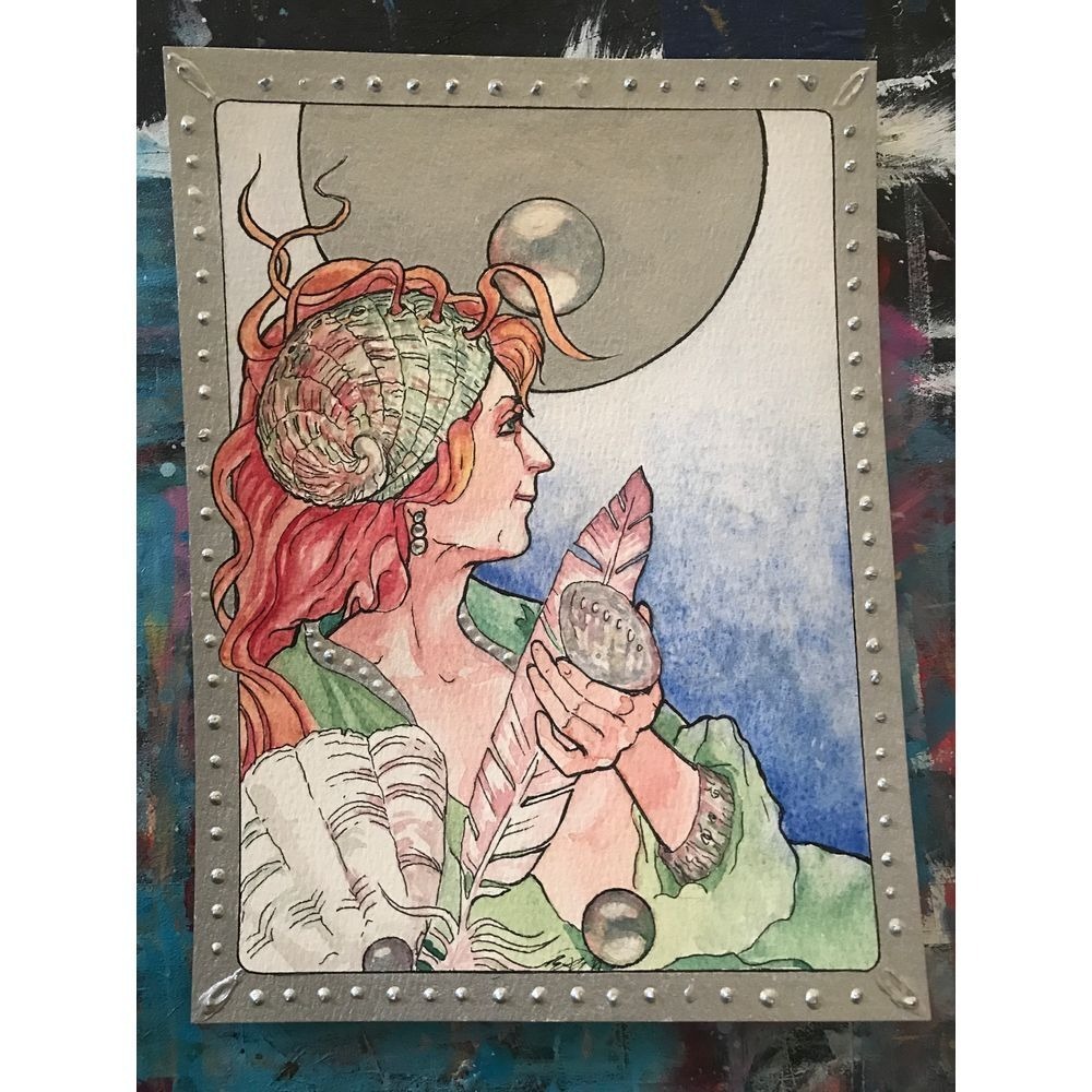 Original painting Art Nouveau ocean moon illustration artwork woman nature USA